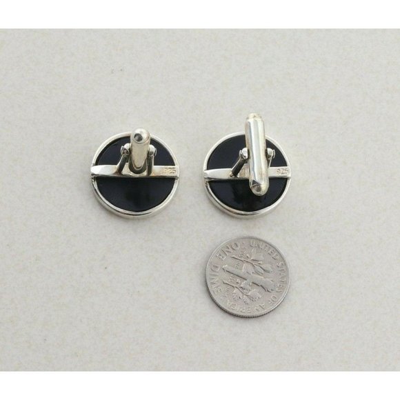 Men's Sterling Silver and Black Bullet Back Cufflinks - Picture 2 of 6